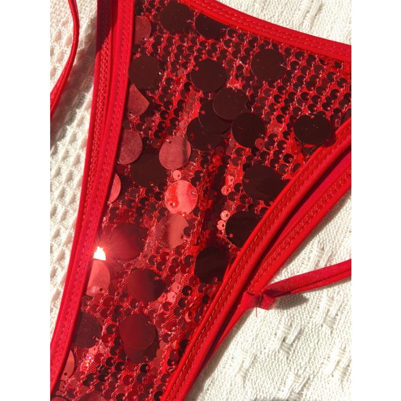 Women Solid Sequined Strappy Backless Two Piece Bikini Swimsuit