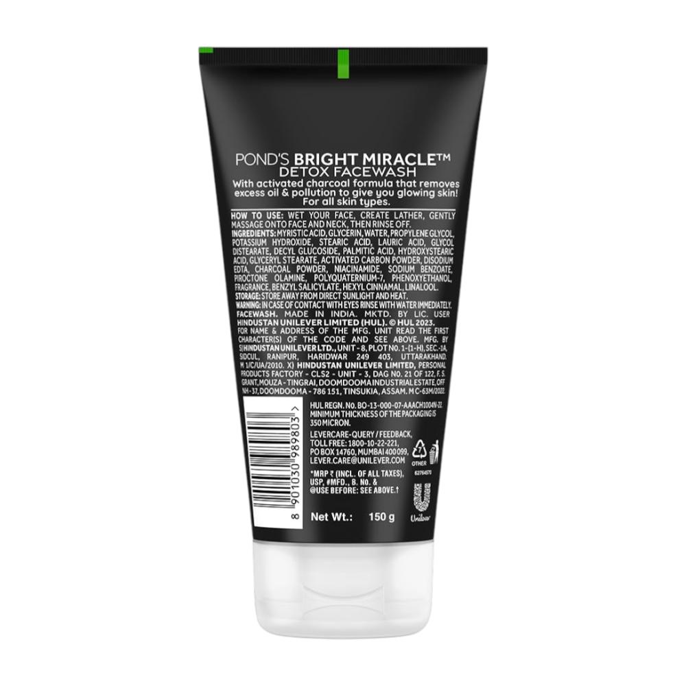 POND'S Pure Detox Face Wash With Activated Charcoal For Deep Cleansing Oil Control & Brighter Skin Glow, Anti-Pollution Care, 150g