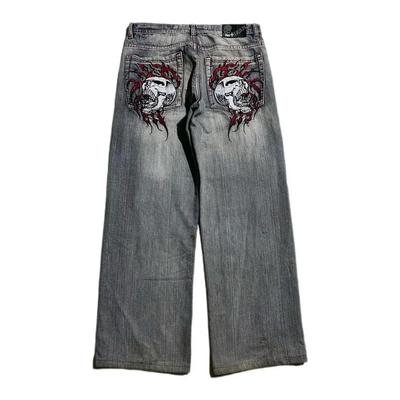 Y2k Gothic Heavy Industry Kapesní Lebka Výšivka Mid Rise Pánské a Dámské Harajuku Streetwear Punk Ležérní Široká noha Vyprané džíny