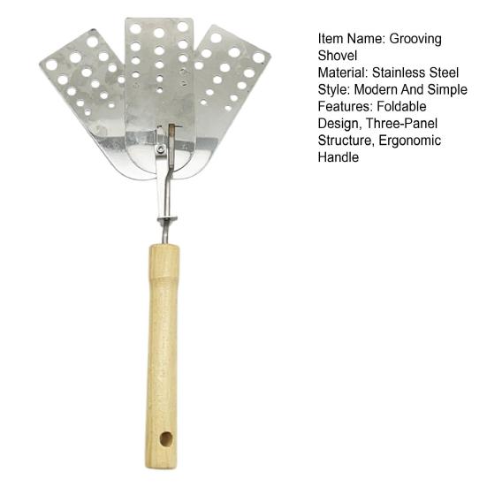 Three-Blade Grooving Shovel Stainless Steel Foldable Spatula with Wooden Handle Easy Clean Heat Resistant Cooking Tool