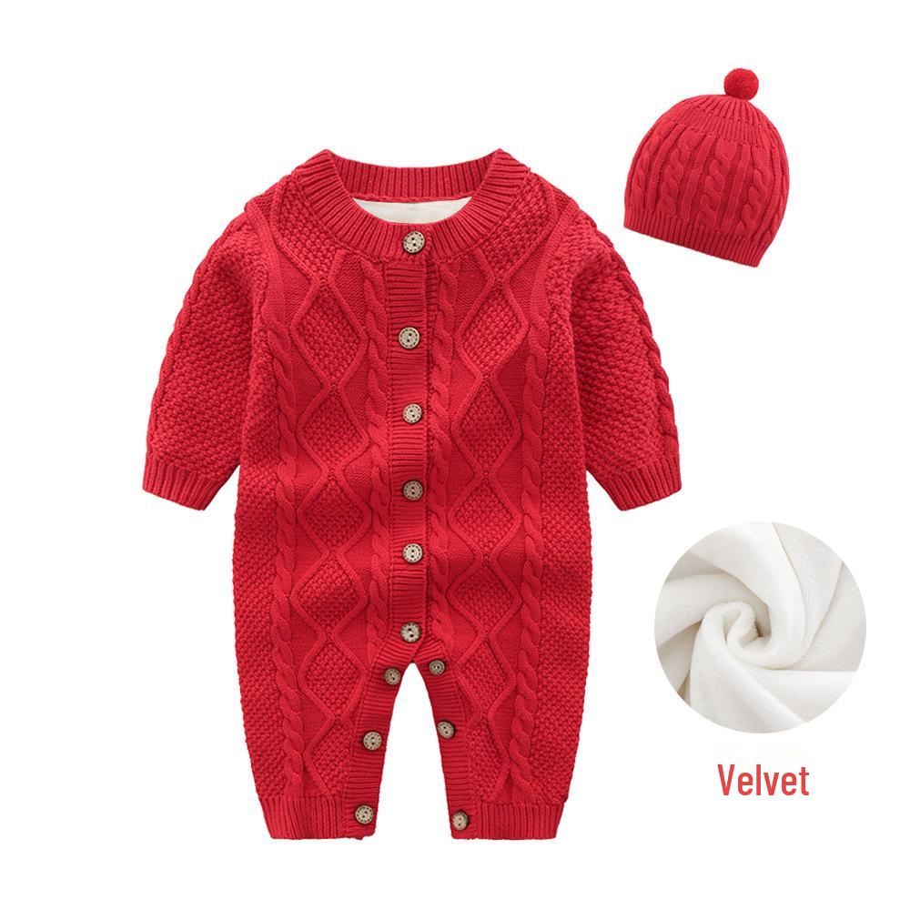 Wool Knitted Baby Onesie with Fleece Lining - Winter Crawling Suit for 100-Day or First Birthday