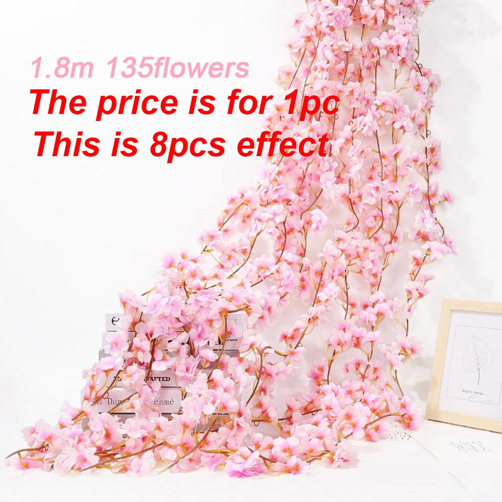 

1pc 5.6ft Artificial Sakura Flowers Vine Wedding Garden Rose Arch Home Party Decoration Spring Bridal Fake Silk Scrapbook Plants розовый