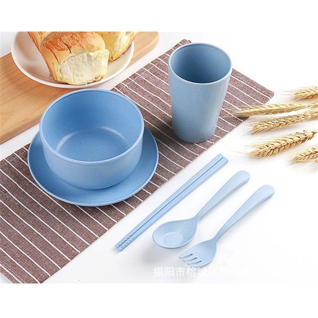 6Pcs Wheat Straw Dinnerware Set for Kids, Reusable Eco-Friendly Tableware Includes Bowl Plate Spoon Fork Chopsticks, Portable Gift Utensils