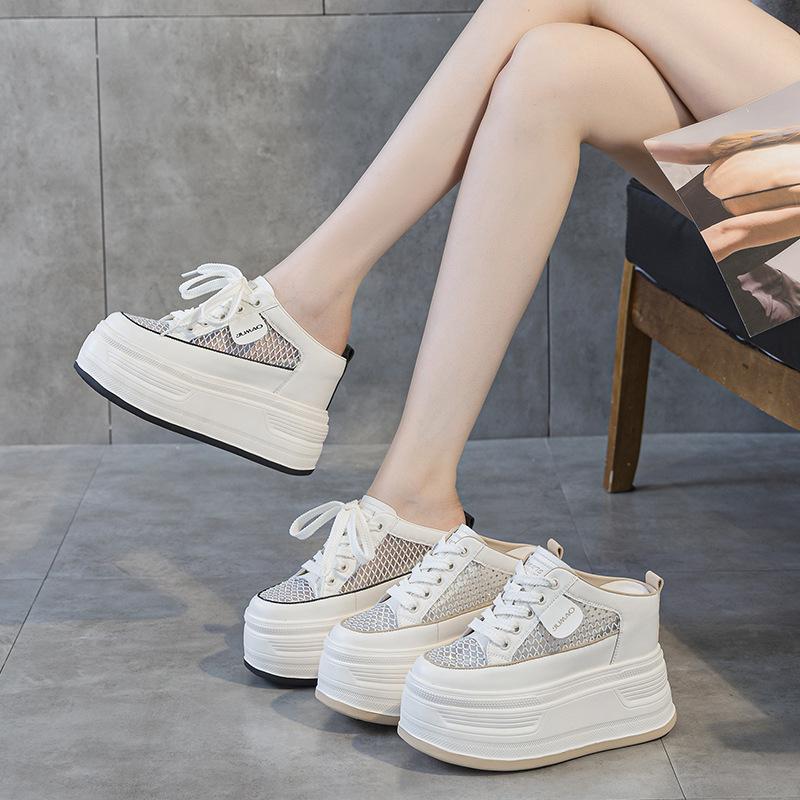 Fashion 12CM Air Mesh Genuine Leather Breathable Sandals Flats Hollow Platform Wedge High Brand Bling Shoes Women Slipper Bling