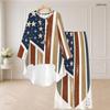 Women Plus Size Red Blue White Star Printed Round Neck Long Sleeve High Low Top Wide Leg Pants Two Piece Set