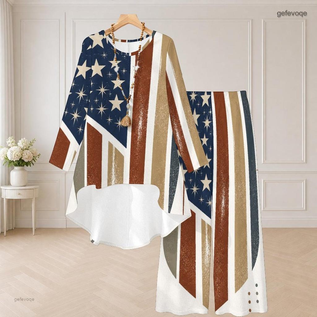 Women Plus Size Red Blue White Star Printed Round Neck Long Sleeve High Low Top Wide Leg Pants Two Piece Set