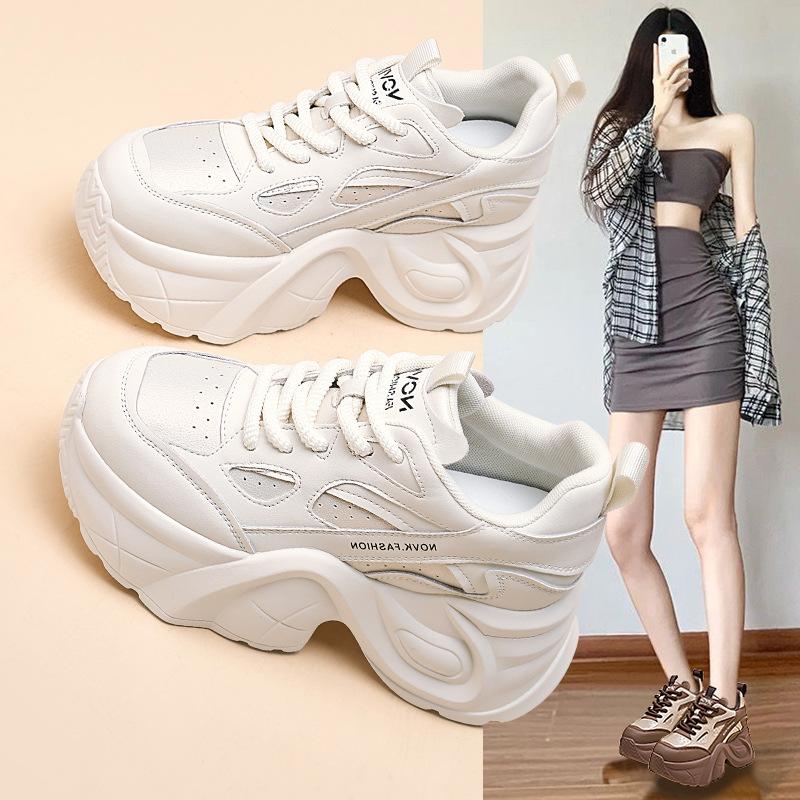 Women's Autumn and Winter Thick-soled Casual Genuine Leather Breathable Sports Shoes with Inner Height Increase Dad Shoes