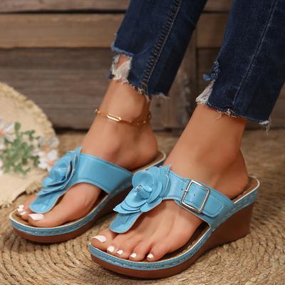 Außenhandel Übergröße Keilsandalen Damen 2025 neu Blume Gürtelschnalle lässig einfarbig Retro Fischgräten-Sandalen gekreuzt