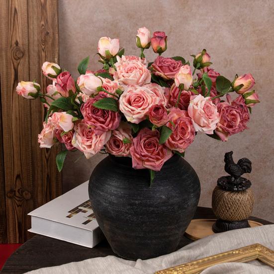 Artificial Flowers 3-Headed French Rose Realistic False Flowers Indoor Outdoor Decoration Wedding Garden Event Photography Props