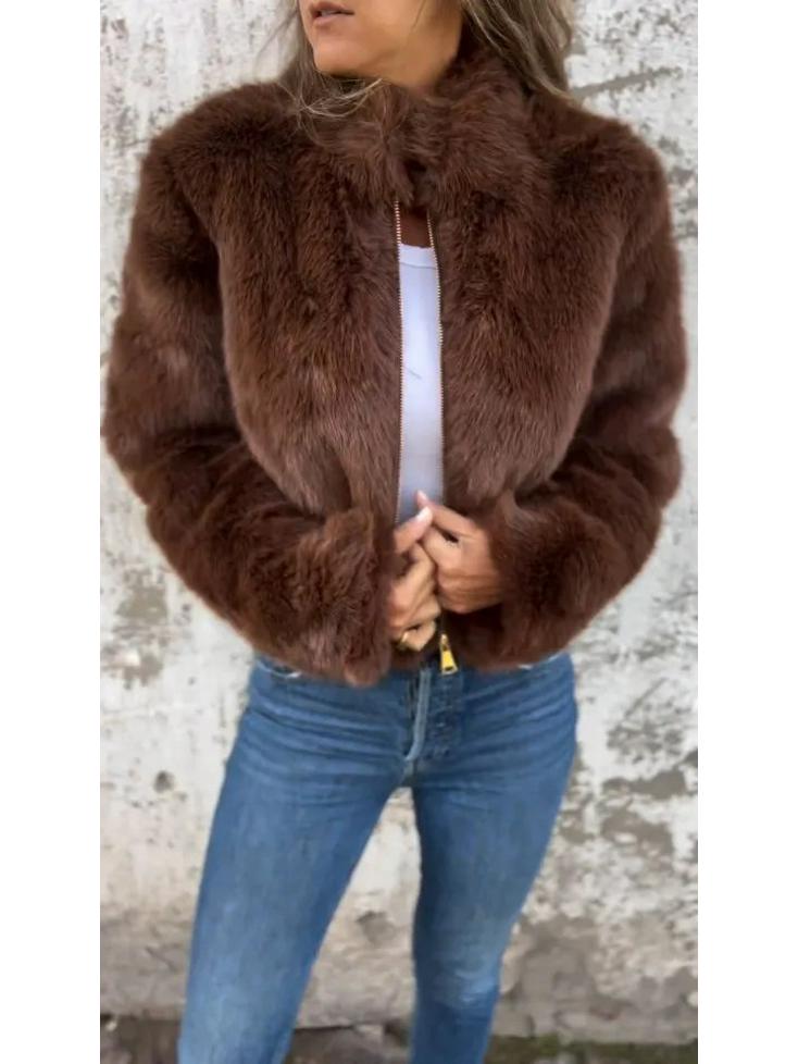 2024 Women's Faux Fur High Collar Zipper Casual Top Coat - New Autumn/Winter Fashion