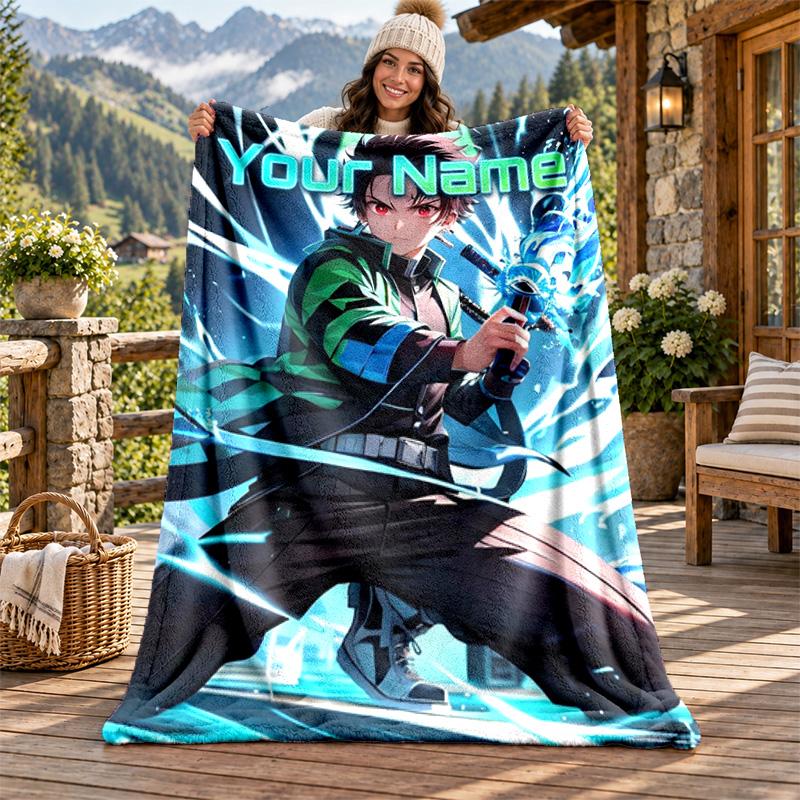 Akaza Demon Slayer Custom Name Flannel Blanket Personalized Soft Warm Plush Throw Blanket Customized Gift for Family Friends