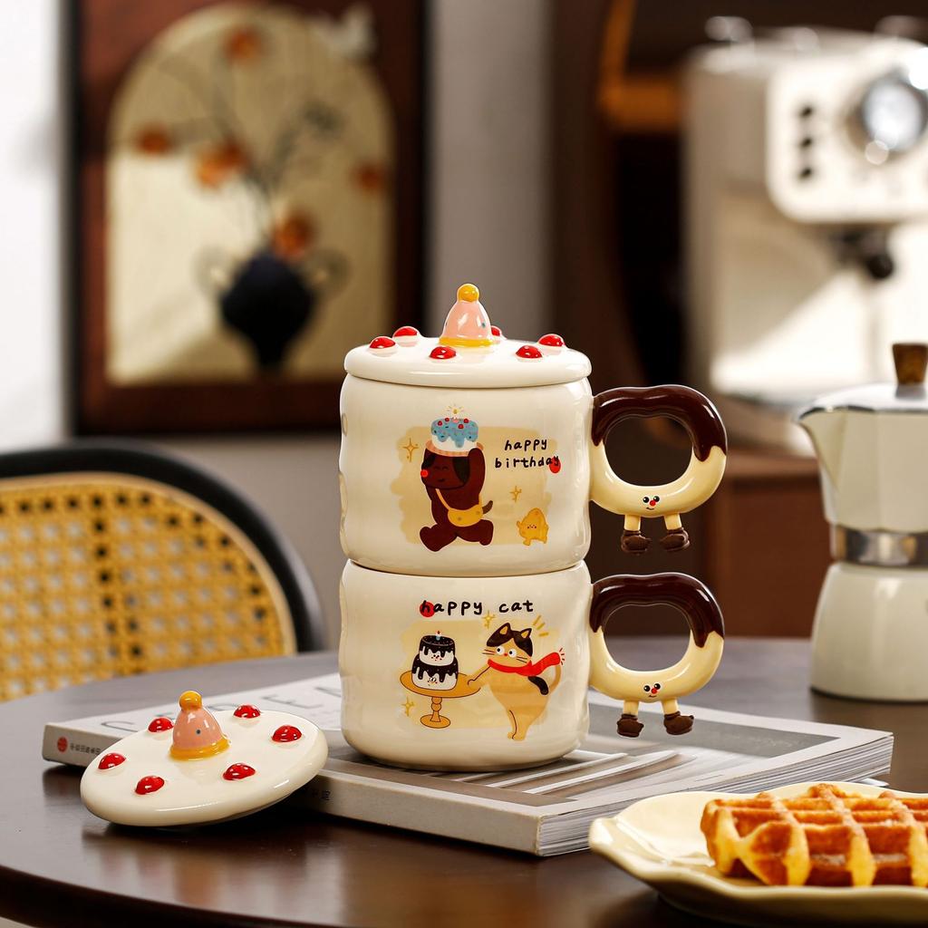 Cute Cartoon Cat Birthday Cake Mug with Lid Souvenir Gift Water Cup Puppy Ceramic Cup Coffee Cup