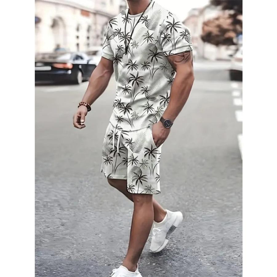 Summer Men's Sailor Short Sleeve Set Anchor Print Pattern Short Sleeve Shorts Set Men's Crew Neck T-Shirt and Drawstring Shorts