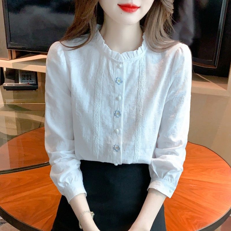 Spring and Autumn 2026 New Women s Fashion Ruffled Collar Pure Cotton Shirt with Jacquard Embroidery and Fleece Lining S