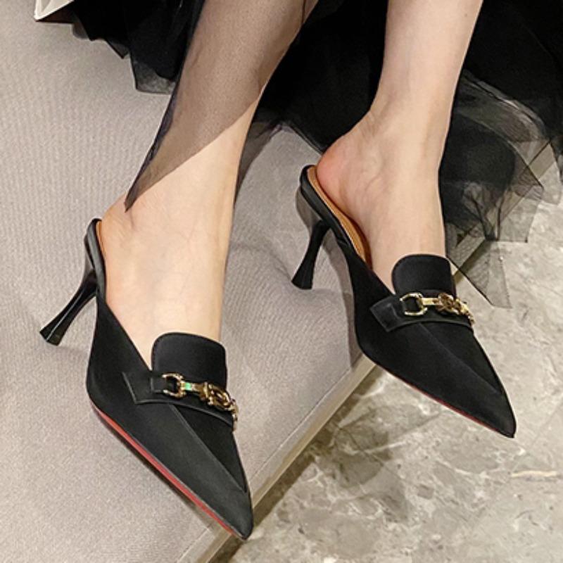 Womens Slippers 2024 New Fashion Leather Baotou Sandals Metal Decoration Summer Versatile Pointed Toe Women's High Heel Slippers