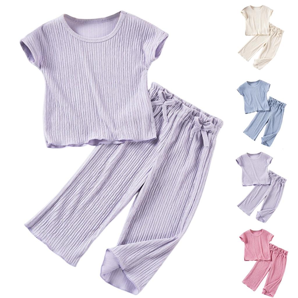 Girls' Solid Color Set - Short Sleeve Top & Pants Outfit