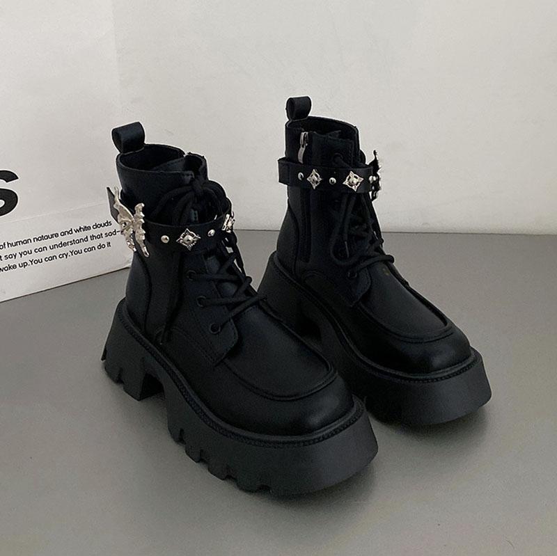 Comemore Sweet Cool Motorcycle Ankle Boots Thick Bottom Women's 2025 New Autumn Retro Short Botines Bow Buckle Shoes for Women