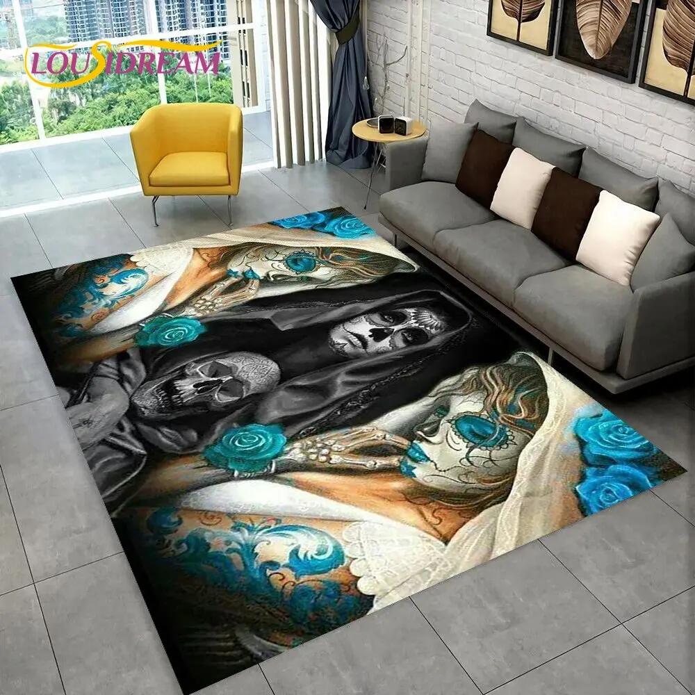 3D Gothic Horror Female Skull Dead Girl Area Rug,Carpet Rug for Home Living Room Bedroom Sofa Doormat Decor,Non-slip Floor Mat