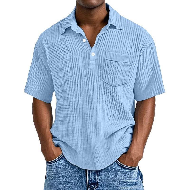 Men Casual Solid Color Waffle Knit Short Sleeve Polo Shirt