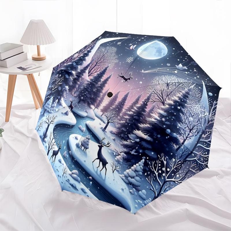 

1pc Snow Scene Durable Cartoon Folding Cartoon Practical Umbrella, Portable Compact Umbrella for Men and Women A077