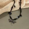 Fashion Metal Dragonflies Pendant Necklace Y2K Black Beads Chain Statement Choker Necklace for Women Club Punk Jewelry