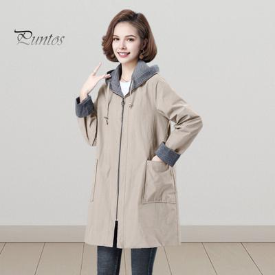 Long Length Jacket Spring Fall Women Hooded Sleeves Drawstring Plus Size Pockets Zipper Lady Closure Coat Windbreaker Mid Solid Color Big Windproof