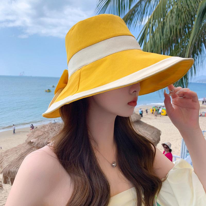 New Hat Women's Summer Travel Sun Hat Big Edge Bucket Hat Bow Sunscreen Sun Hat Foldable