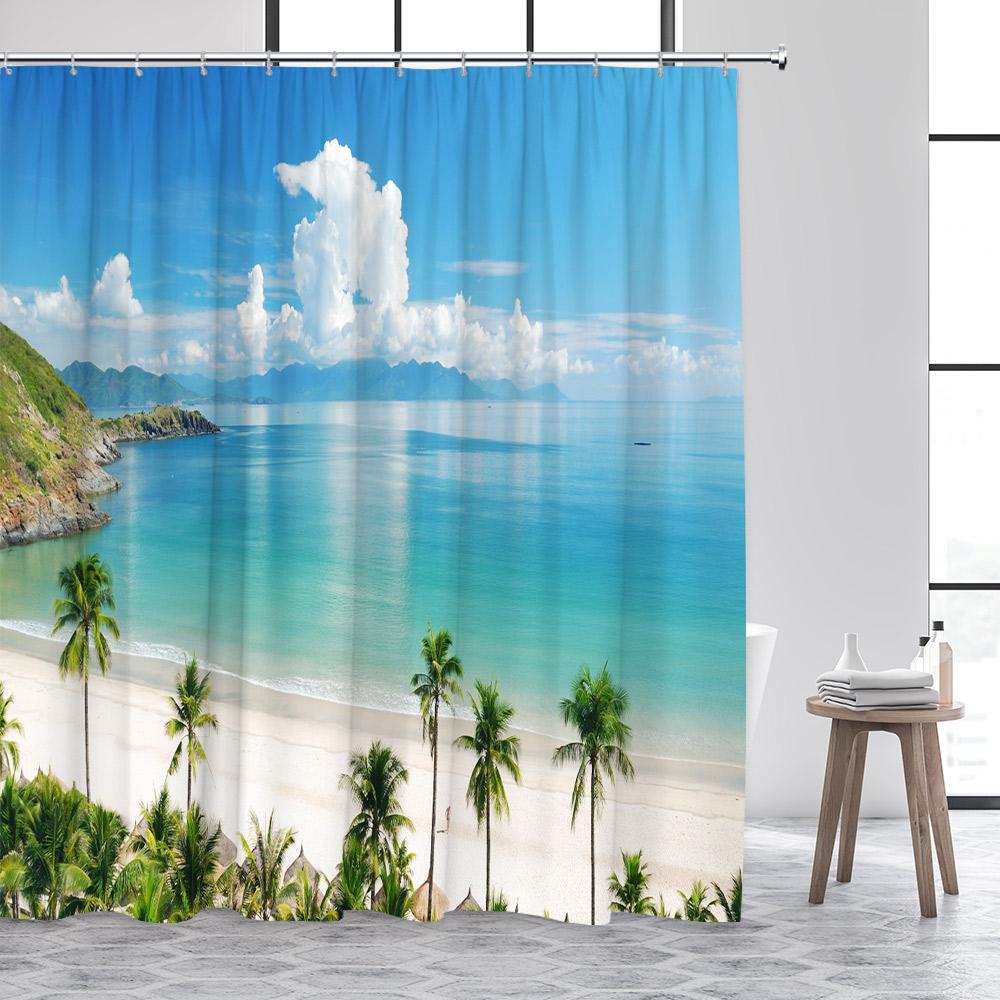 Strand Duschvorhänge Blaues Meer Insel Kokospalmen Tropisch Hawaii Natur Landschaft Badezimmervorhang Dekor mit Haken