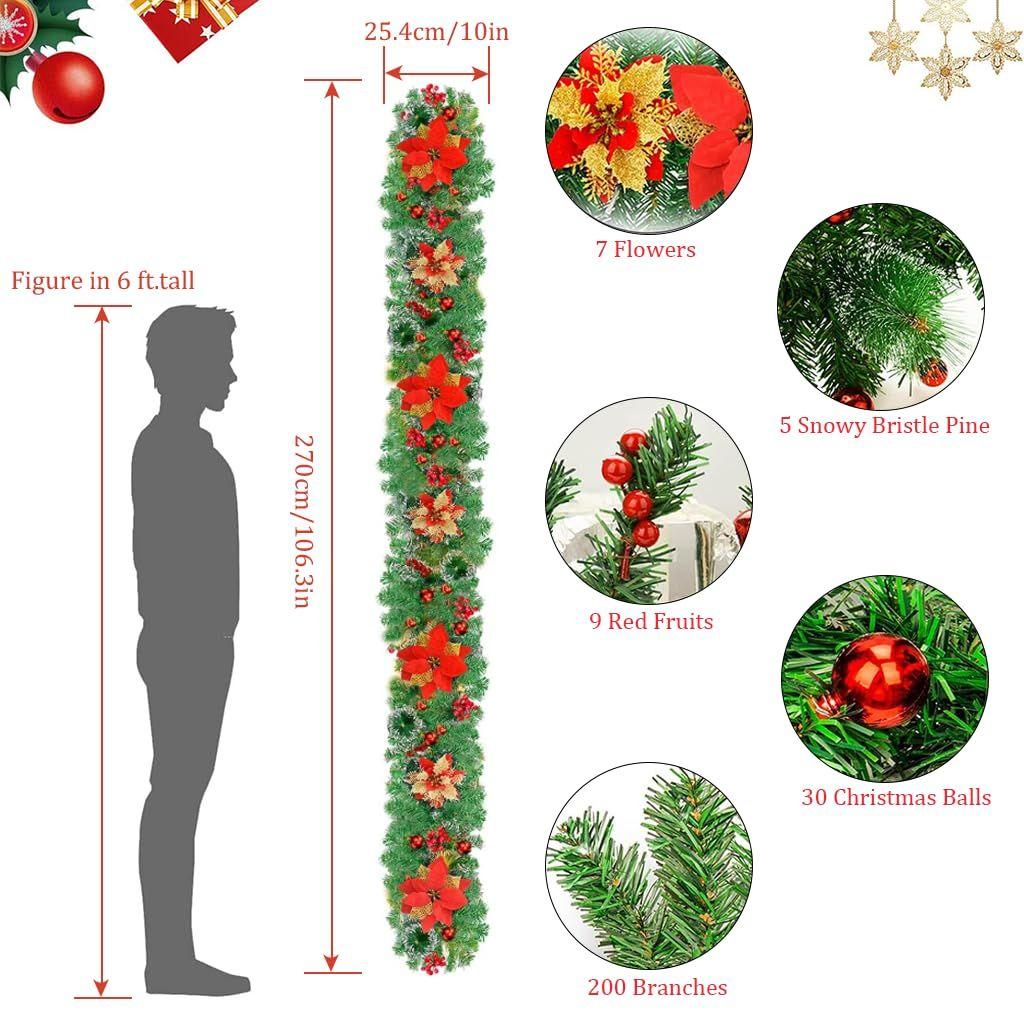 Christmas Garland with Red Flower, Balls, Berries, Snowy Pine Artificial Garland for Indoor Outdoor Home Fireplace Decoration