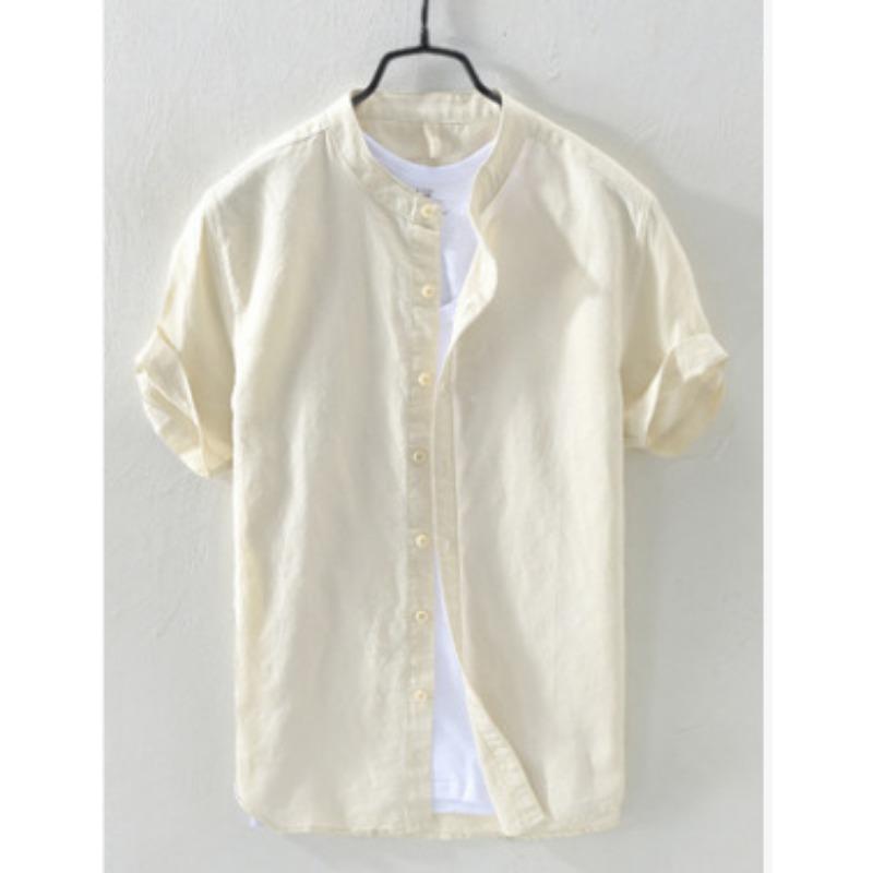 Męska lniana koszula z krótkim rękawem i kołnierzykiem stójką - Przewiewna, casualowa, luźny krój, zapinana na guziki