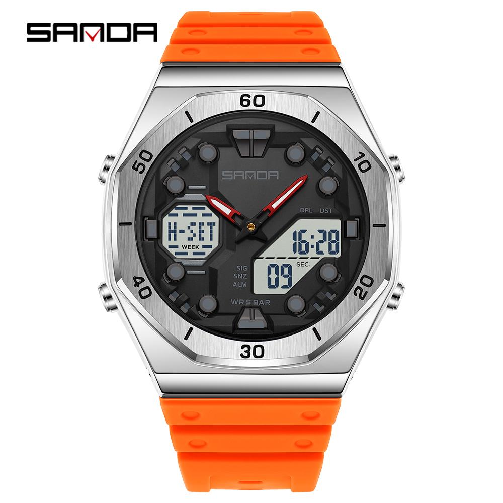 SANDA 6306 Modische Herren-Elektronikuhr Dual-Anzeige Multifunktional Nachtlicht Wecker Wasserdicht Coole Unisex-Uhr