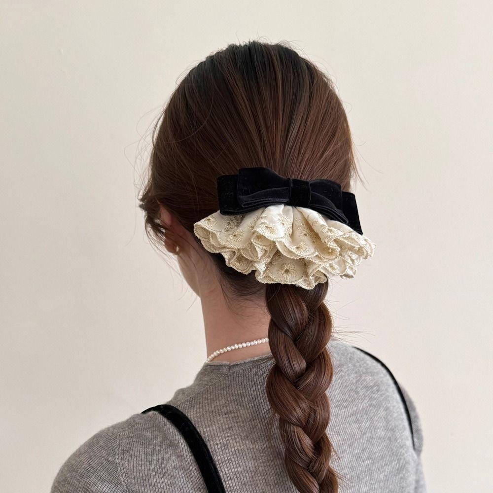 Wine Red Bowknot Spring Clip Cloth Lace Bow Hairpin Sweet Red Velvet Bow Hair Clip  Ponytail Holder