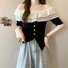 French One-word Shoulder Ruffle Design Short-sleeved Women's Summer Gentle Temperament Is Thin and Beautiful T-shirt Slim Top Ins