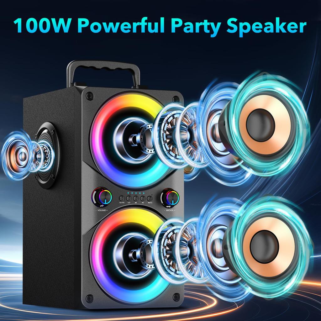 Altoparlante Bluetooth 100W Portatile Grande Potente Bassi Profondi Suono Forte Wireless Boombox con Subwoofer TWS Luci LED DSP Grandi Altoparlanti in Legno