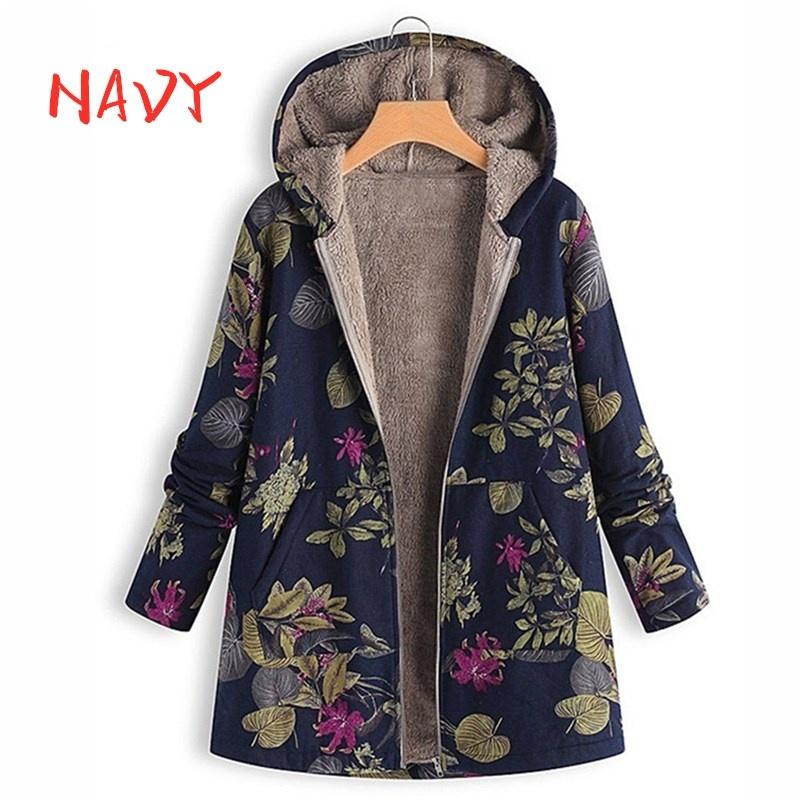 Casual Warm Women's Hoodie with Pockets, Long Sleeve, Zipper, Vintage Floral Fleece Jacket Coats
