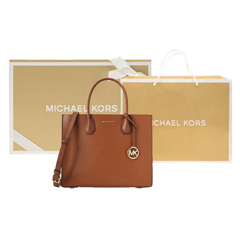 MICHAEL KORS Mercer classic leather accordion solid color commuting cow split leather shoulder crossbody handbag large size women's leather brown