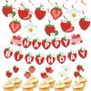 Holiday Birthday Party Cake Topper & Décor Set with Strawberry, Banner, Flowers, and Spiral Pendants