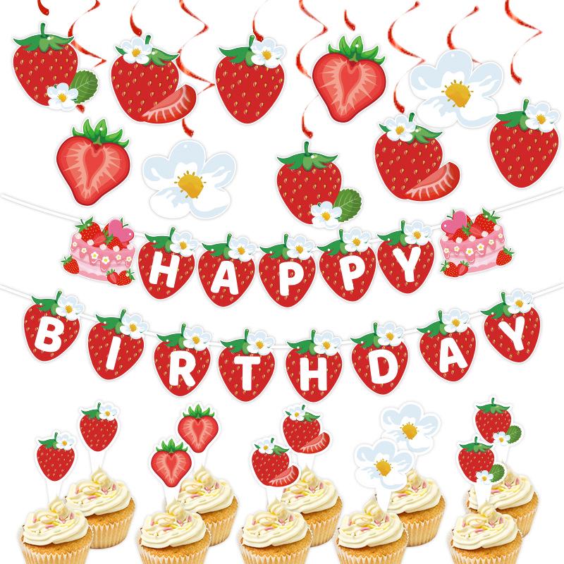 Holiday Birthday Party Cake Topper & Décor Set with Strawberry, Banner, Flowers, and Spiral Pendants