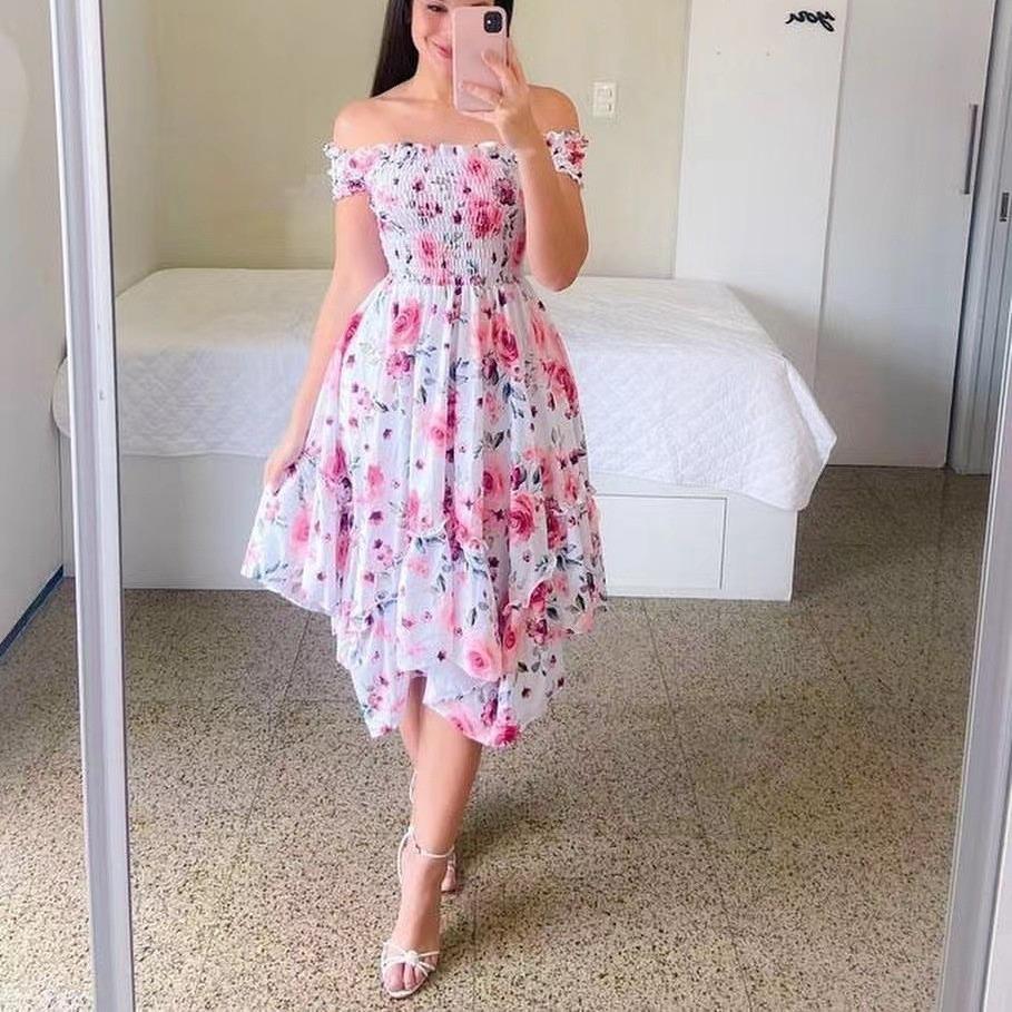 European and American Ebay One-word Collar Asymmetrical Off-the-shoulder Short-sleeved Digital Printing Dress