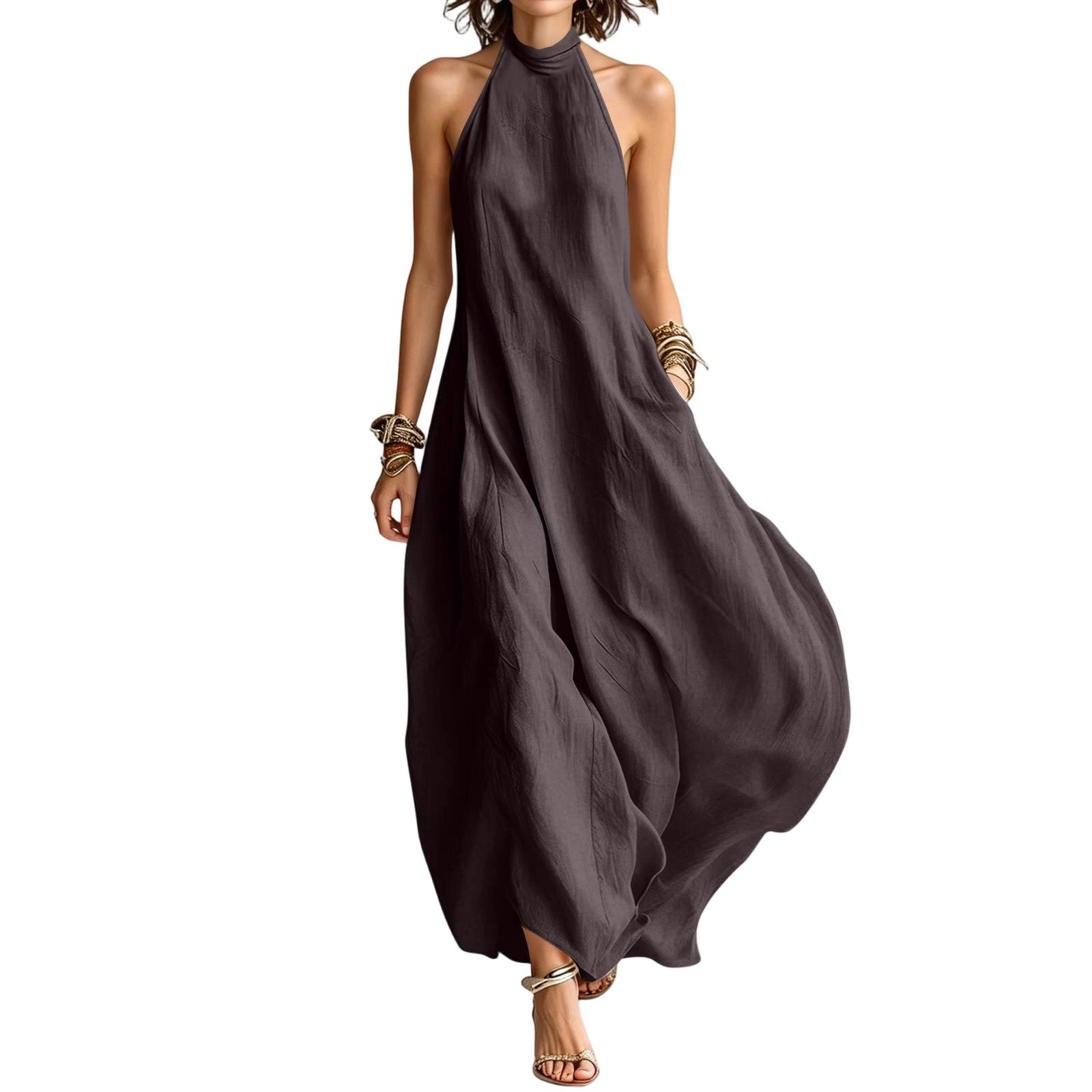 

Bohemian Halter Neck Maxi Dress Loose Fit Off Shoulder Sleeveless Long Dress Summer Beachwear Casual Boho Style XXL чёрный