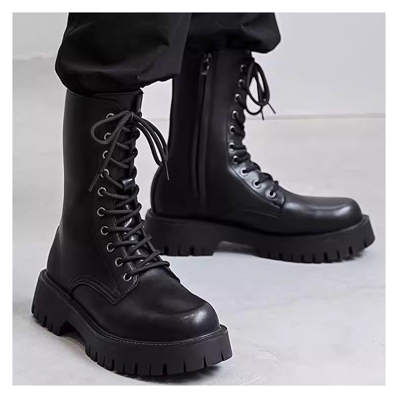 high top motorcycle boots for men fashion lace-up genuine leather shoes spring autumn platform boot handsome long botas zapatos