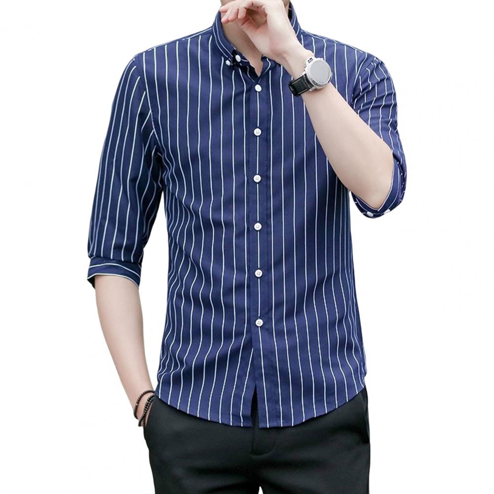 

Лето Весна Мужская рубашка с отложным воротником, однобортная, свободная, большого размера, с полосатым принтом, рукава три четверти, уличный деловой деловой стиль XL темно-синий