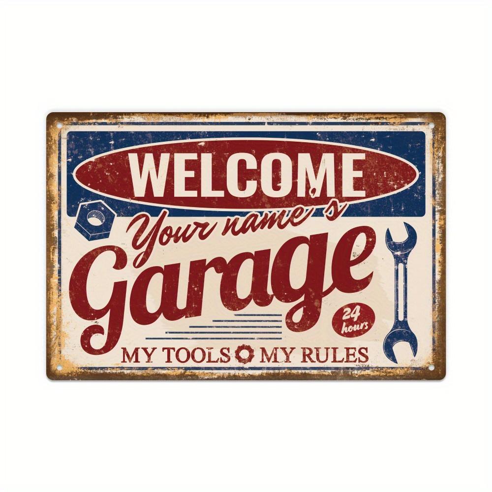 

Personalized Vintage Garage Sign Custom Name Welcomes Your Garage Rustic Metal Wall Decor for Man Cave IndoorOutdoor Use 20x30cm（7.8x11.8inch）