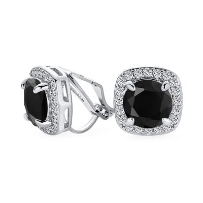 2CT Brilliant Cut Solitaire Round Cubic Zirconia CZ Square Halo Clip Stud Earrings Simulated Black Onyx Silver Plated Brass
