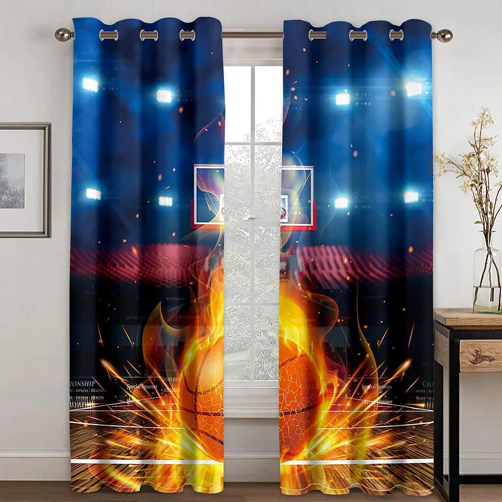 

3D Fire Basketball Court Sports Boy Бесплатная доставка Шторы на окна для гостиной, детской спальни, ванной комнаты, кухни, двери для дома Decor2 W65X60H(cm)X2Pcs&Grommet Top