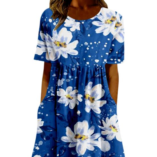 Women Summer Dress Round Neck Loose Fit Flower Print Wide Hem Short