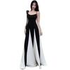 Französisches Chic Schwarz-Weiß Spaghettiträgerkleid mit Taillenbetonung und fließendem langem Rock für Damen