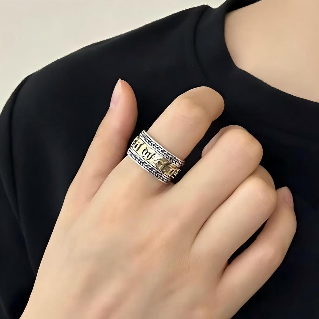 S925 Sterling Silver Guld & Silver Vajra Mantra Öppen Ring - Brett Band Retro Etnisk Stil för Män & Kvinnor.