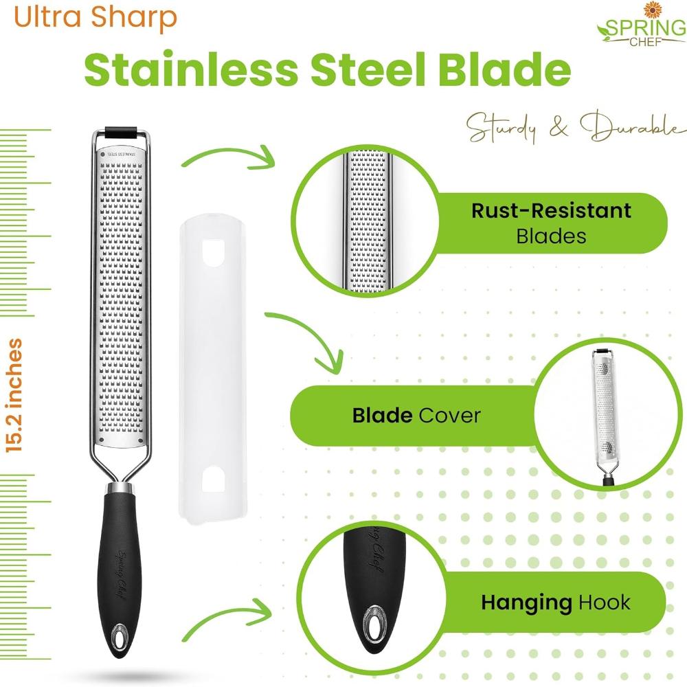 Stainless Steel Lemon Zester Grater with Handle - Garlic, Cheese, Parmesan, Nutmeg, Lime, Ginger Grater - Heavy Duty Kitchen Tool