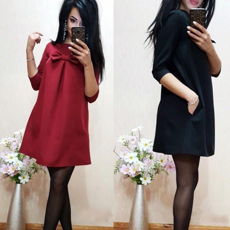 Elegant Cotton Blend Solid Color Dress With Sweet Bow Design For Stylish Commuters